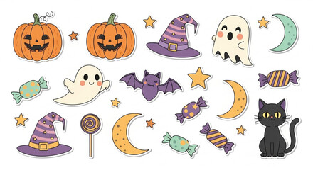 Obraz premium Cute Halloween Vector Clipart Pack with Pumpkins, Ghosts, Bats, Witch Hats, Candy, Moons, Stars, and Cute Black Cat in Pastel Orange Purple Kawaii Flat Sticker Style Illustration Isolated on White Bac