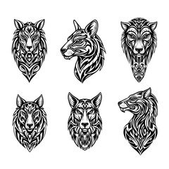 Obraz premium Intricate Tribal Wolf Head Illustrations in Black and White.