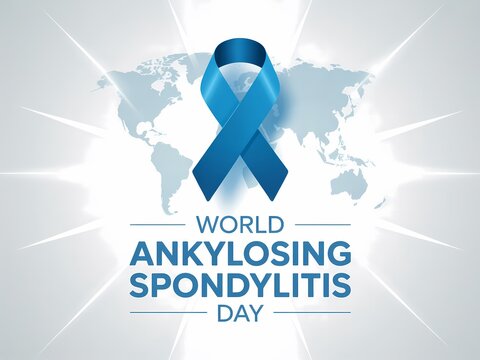 World ankylosing spondylitis day awareness graphic with blue ribbon