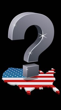 A metallic question mark floating over the United States map, symbolizing political doubt and national uncertainty. Chroma key green screen with alpha channel. (loopable)