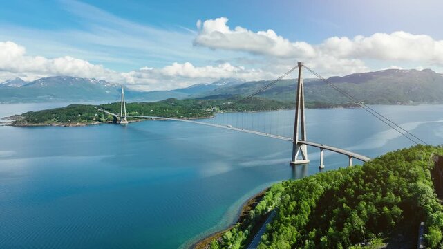 Aerial shot of the Halogaland Suspension Bridge near the town of Narvik in Northern Norway.