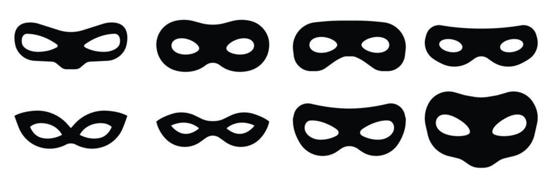 Different Mask silhouette. Masquerade vector for apps or web party superhero carnival villain or burglar icon.   Eye masks in various graphic styles, vector illustration.