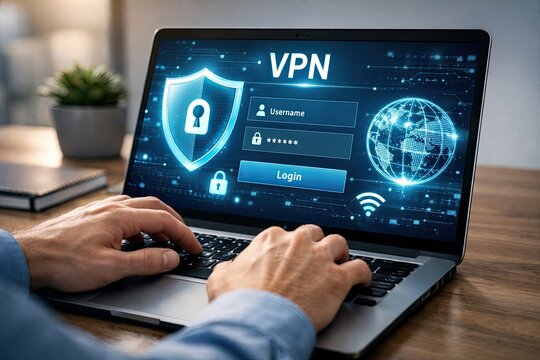 Man using laptop with VPN login screen for secure internet access and data protection.