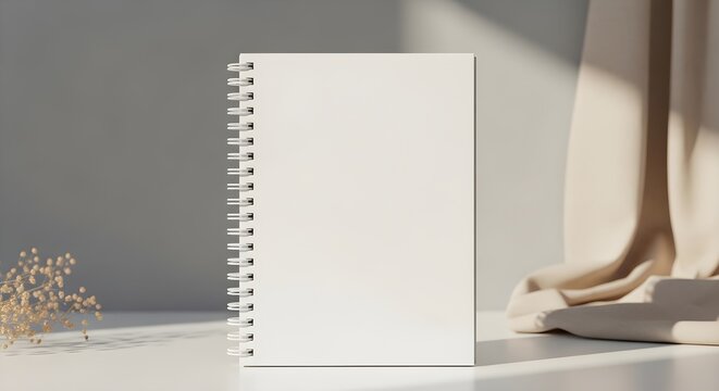 Blank spiral notebook standing upright on a white surface with soft lighting and fabric drape in the background, mockup for design