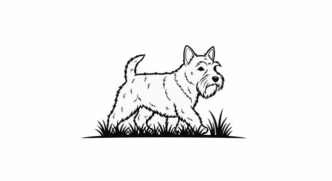 Line art of a West Highland Terrier walking through grass