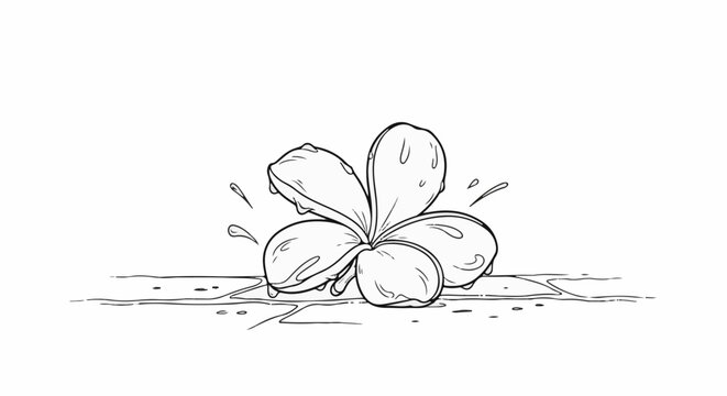 Line art of a five-petal flower with water droplets on a tiled surface