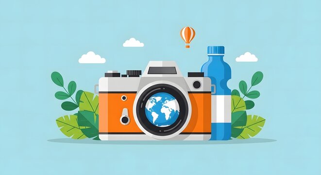 Travel photography essentials with camera and water bottle
