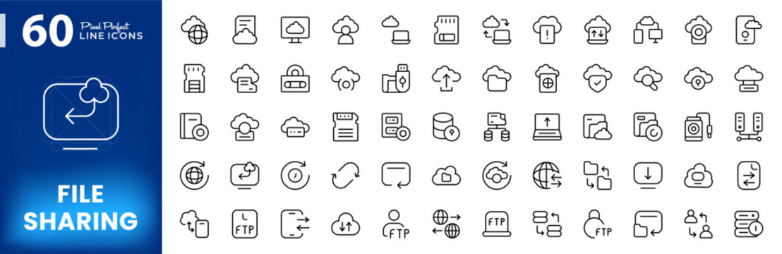 File sharing line icon set. Data exchange, transfer File, cloud storage, sync, and internet transfer icons. Editable vector stroke