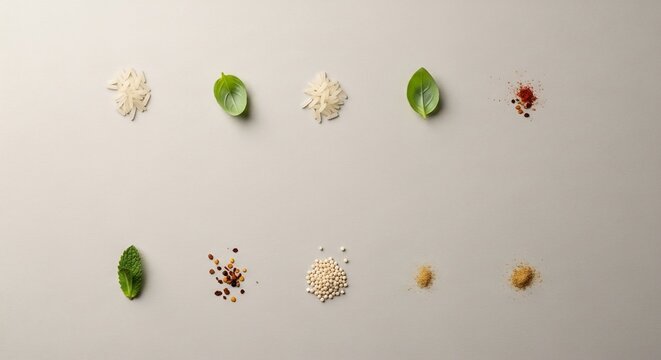 Various Ingredients and Spices Arranged Artfully on a Neutral Background.