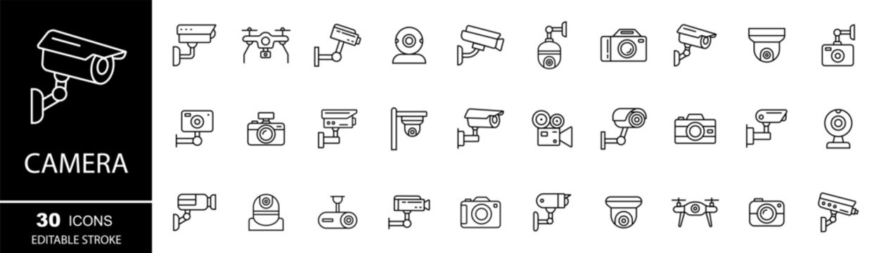 Camera icons. Cctv icon. Security camera vector set. Drone, photo camera, webcam.  Editable Stroke.
