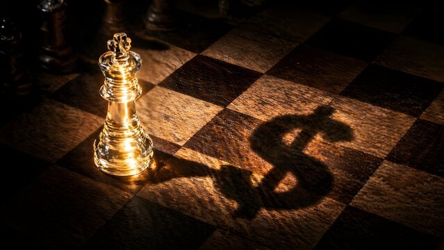 Conceptual close-up of a glass chess king casting a shadow in the shape of a dollar sign, representing strategic financial planning and investment success.