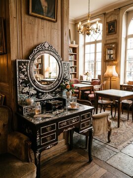 Exquisite traditional Korean nacre lacquerware dressing table with mirror in a vintage European cafe interior