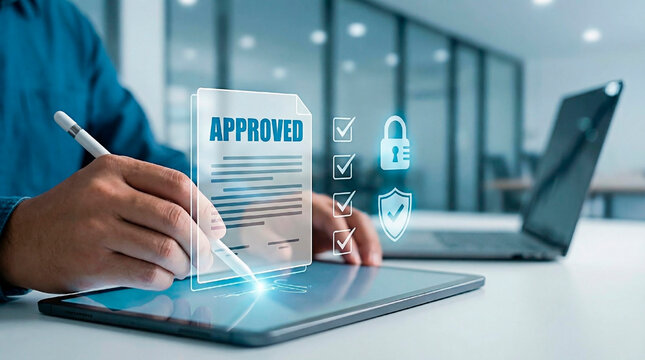 A Caucasian man in a blue shirt approves a digital document on a tablet with a pen in a modern office setting.