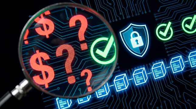 A magnifying glass with red dollar signs and question marks is focused on a circuit board with blue documents and green checkmarks