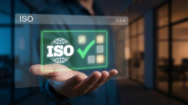 A middle-aged Caucasian man in a blue shirt holding a digital ISO certification icon in his hand in a modern office