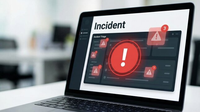 A laptop screen displays a warning message with a red exclamation mark in a modern office setting