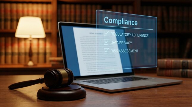 A laptop computer displaying a compliance checklist on its screen, sitting on a wooden desk next to a gavel in a law library with bookshelves and a lamp in the background.