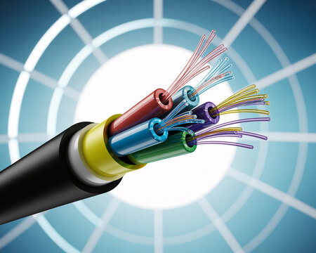 A colorful fiber optic cable with multiple wires and a black outer casing against a blue background with a white grid pattern