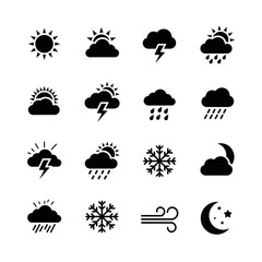 Obraz premium Collection of Minimalist Black and White Weather Icons Including Sun Clouds Rain Storm Snow Wind and Night Sky Elements
