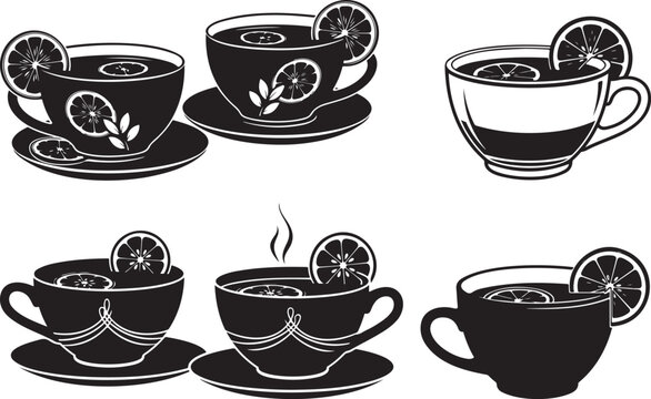 Cups of tea with lemon slices a contrasting design on transparent background silhouette. Cups of tea with lemon slices vector illustration.