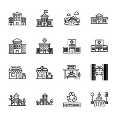 Obraz premium City Infrastructure Icon Set Featuring Hospital Police Station School Cafe Park and Transportation Symbols in Line Art Style