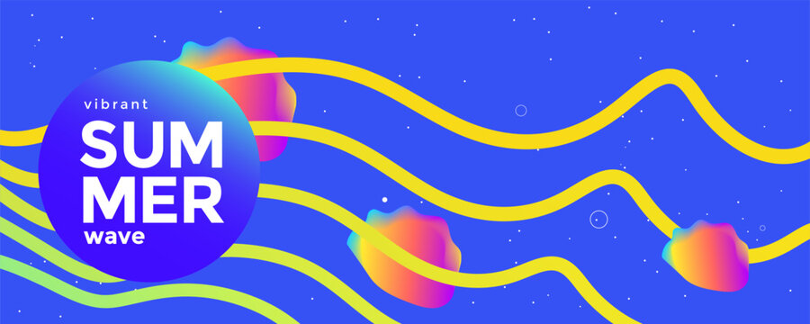 Bright abstract summer background with yellow wavy lines and colorful liquid blobs on a deep blue starry backdrop