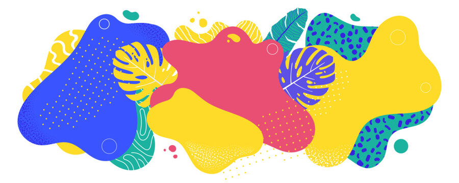 Vivid abstract composition of colorful liquid blobs and tropical palm leaves with grainy textures background