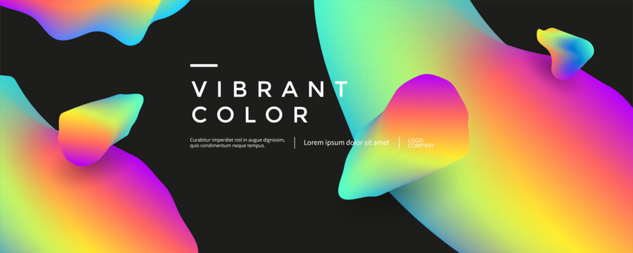 Abstract banner with floating organic liquid blobs in vibrant rainbow gradients on black background