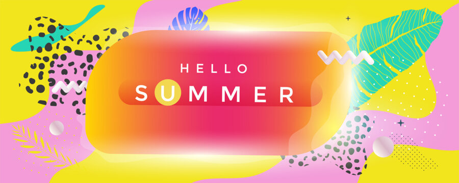 Bright colorful abstract summer background with tropical leaves and geometric shapes on vibrant yellow pink and orange backdrop