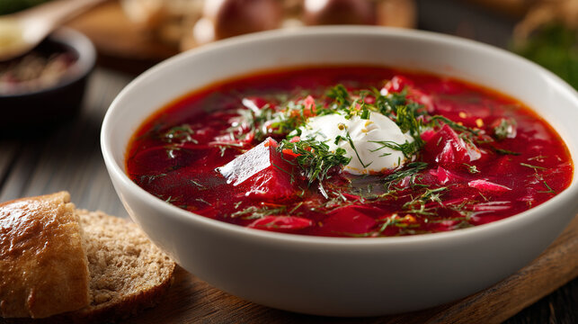 A bowl of traditional borscht with sour cream and bread on a wooden table
