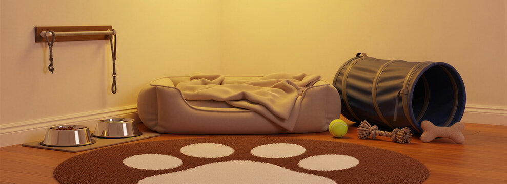 Cozy pet corner with soft bed, tunnel, toy and feeding bowl. Indoor environment with home accessories for dog or cat. Banner with copy space