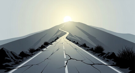 Naklejka premium Cracked asphalt road winding up a barren mountain towards the sun.