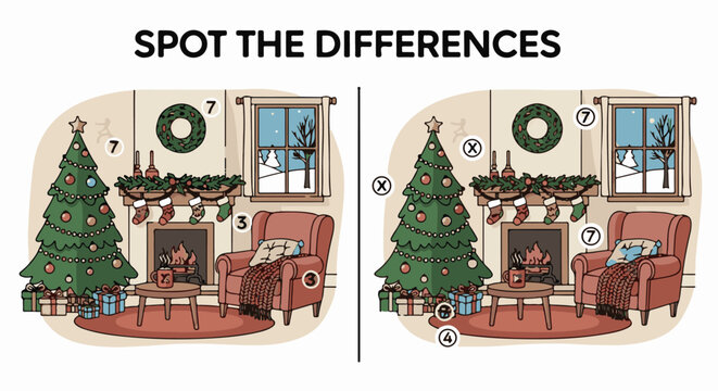 Two scenes of a cozy Christmas living room with a fireplace, tree, and armchair, side-by-side