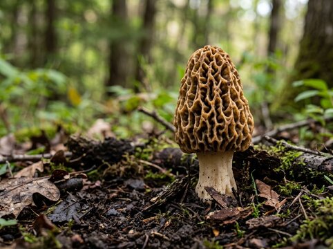 Single fresh morel mushroom growing in the spring forest soil