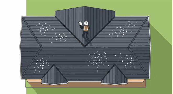 Top-down view of a worker inspecting a shingled roof with scattered debris and a long shadow