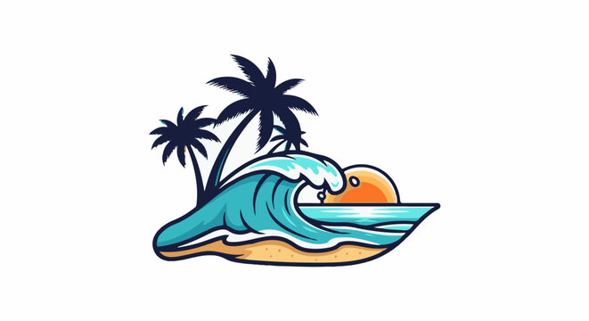 Tropical beach scene with a breaking wave, palm trees, and sunset over the ocean