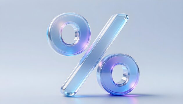 Translucent glass percentage symbol with iridescent highlights on a soft blue background