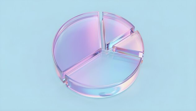 Abstract 3D render of a pie chart with iridescent glass slices on a pastel background