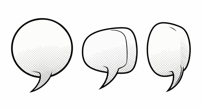 Three outlined speech bubbles with dot shading, graphic design elements