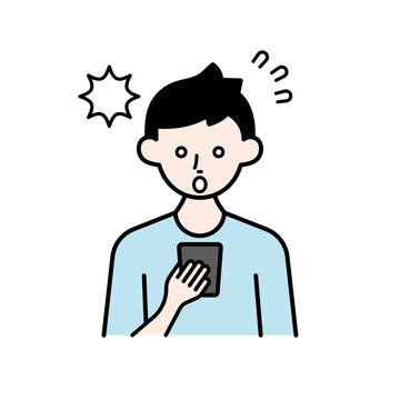 スマホ操作、スマホを見て驚く男性（通知・エラー・気づき・反応）&ndash; シンプル操作UIアイコンシリーズ