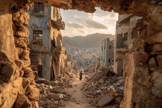 Post-conflict urban ruins in Taiz: destroyed houses, debris, and dusty atmosphere