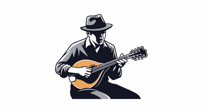 Stylized man in fedora plays a mandolin with striking contrast
