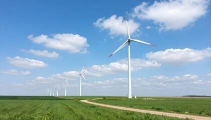 Fototapeta premium Expansive field of wind turbines under a bright blue sky with fluffy clouds
