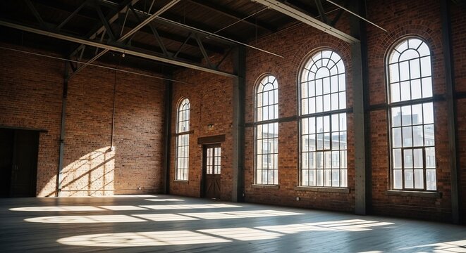 Sunlight Streams Through Large Arched Windows in an Empty Industrial Loft Space.