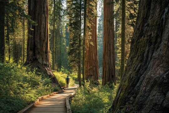 Quiet hike along a wooden boardwalk surrounded by monumental sequoias at Calaveras Big Trees State Park, California