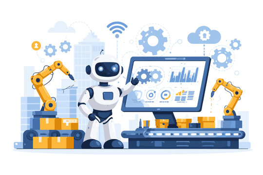 AI Agent for Industrial Automation and Manufacturing, Smart Factory Robot Monitoring Production Line with Robotic Arms, Conveyor Belt, and Data Analytics, Simple Flat Vector Illustration Art.