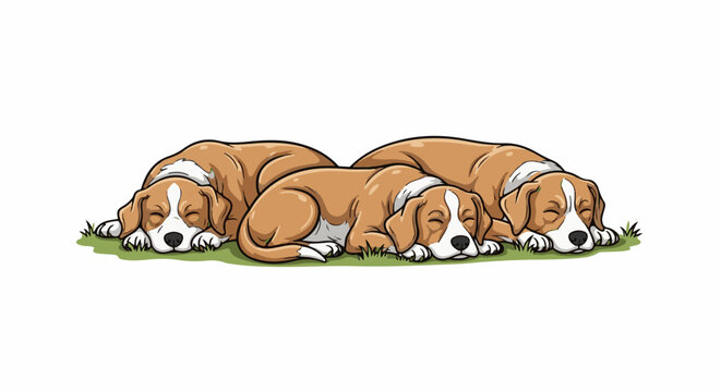 Three adorable brown and white puppies are peacefully sleeping on a patch of green grass