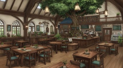 Obraz premium Cozy Indoor Cafe with Tree and Wooden Furnishings.