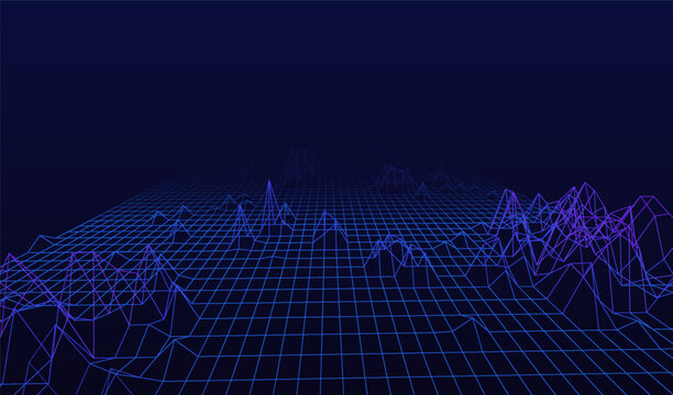 Abstract cyber ai background digital design with wireframe landscape grid line. 3D mountain and futuristic technology topographic big data concept. 