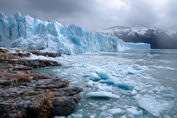 Fototapeta premium Remote fjord scene with collapsing ice and floating icebergs under moody skies